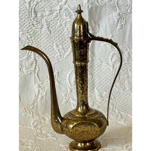Vintage Indian, Turkish Brass Etched Brass Teapot or Coffee Pot - Picture 1 of 10